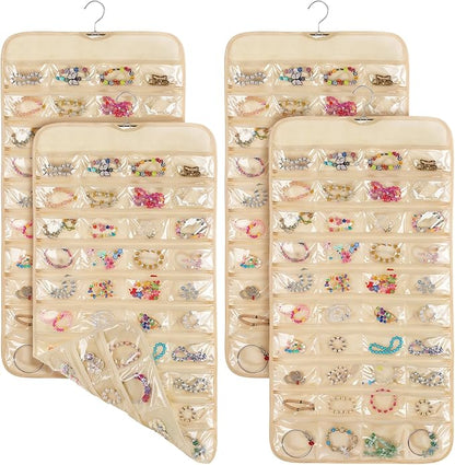 4 Pcs Hanging Jewelry Organizer with 80 Pockets, Dual-Sided Jewelry Holder Hanging Storage Organizer Hanger Closet for Bracelet Necklace Ring Earring Accessories, Beige