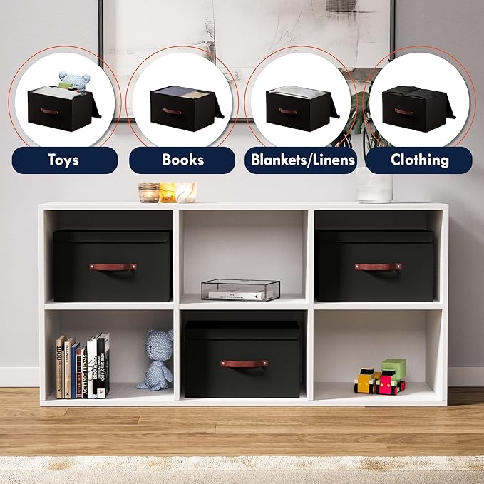Ornavo Home 3 Pack Collapsible Storage Bins with Lid, Foldable Linen Fabric Shelf Storage Basket Closet Organizer and Large Storage Box for Clothes with Leather Handles, 16.5 x 11.8 x 7.5, Black