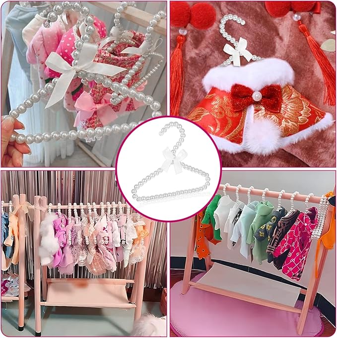 10 Pack Pearl Beads Clothes Hangers, Small Elegant Standard Hanger with White Ribbon Trim Hangers for Pet Dog