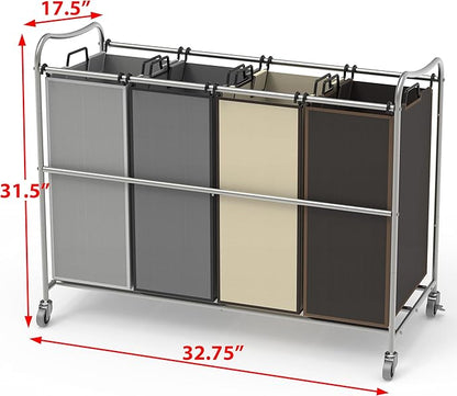 Simple Houseware 4-Bag Heavy Duty Laundry Sorter Rolling Cart, Silver/Assorted