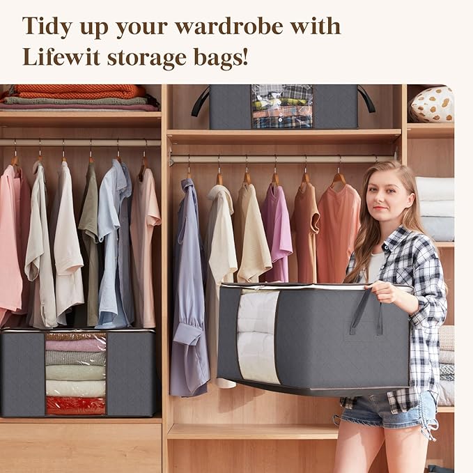Lifewit 6 Pack Clothes Storage Bins with Lids, Foldable Blanket Storage Bags with Zippers, Clear Window and Reinforced Handles, Closet and Organization for Clothing, Sweater, Comforter, Bedding