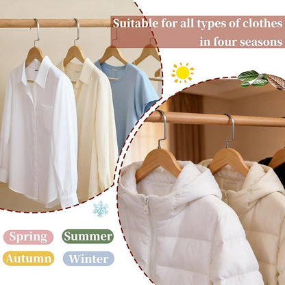 Luxury Wide Shoulder Wooden Coat Hangers with Anti Slip Pants Bar, Solid Wood Thick Jacket Hangers Smooth Finish for Sweater Dress Pants Sport Coats (Natural, 6 Pack), 360° Swivel Pearl Nickel Hook
