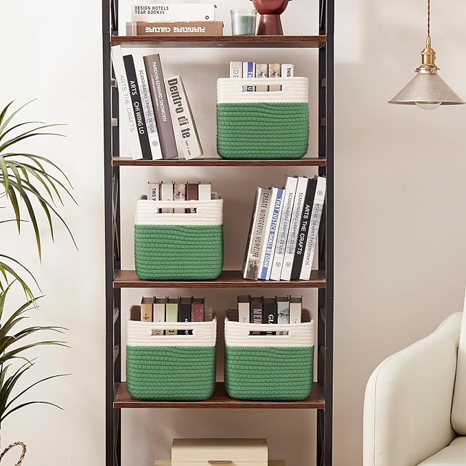 OIAHOMY 4 Pack Storage Baskets for Organizing, Basket for Shelves with Handle, Woven Baskets for Storage Toys, Towels, Books, Cotton Rope Basket 13" L x 9 " W x 7.8 " H, Olive Green & White