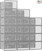 Foluck Shoe Storage Box, 15 Pack Clear Plastic Stackable Shoe Organizer for Closet, Interlocking Design Shoe Container Bins for Sneakers, Foldable Shoe Rack with Lids, Gray