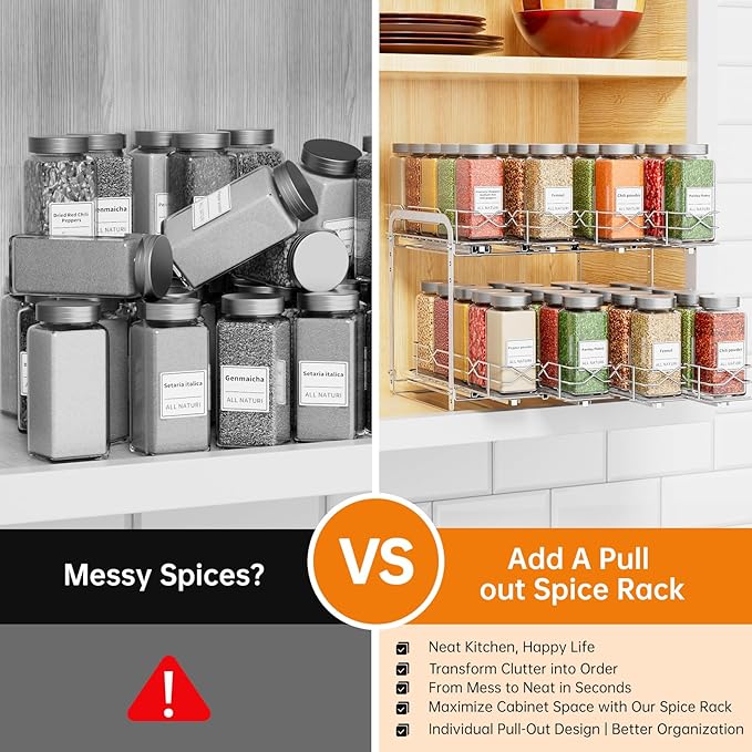Pull Out Spice Rack Organizer for Cabinet, 2 Tier Individual Slide Drawer, Chrome Cabinet Spice Organizer, Fits 4oz Spice Jars(Max Diameter 2.0in), Height Adjustable Spice Rack,2 Installation Methods