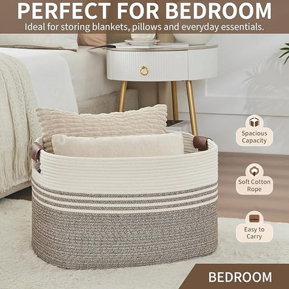 Large Woven Laundry Basket Hamper, 72L Cotton Rope Storage Bin for Blankets, Toys, Clothes, Decorative Nursery Hamper for Living Room, Baby Nursery, Bathroom, Bedroom, Kids Storage, Brown