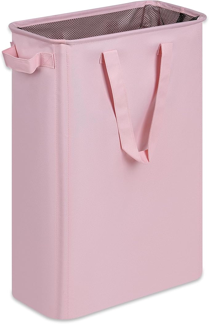 efluky Slim Laundry Basket, Narrow Laundry Hamper with Handles, Collapsible Dirty Clothes Hamper, Tall Laundry Bin for Laundry Room, Dorm and Bedroom, 12.7 Gallons(48L) Pink