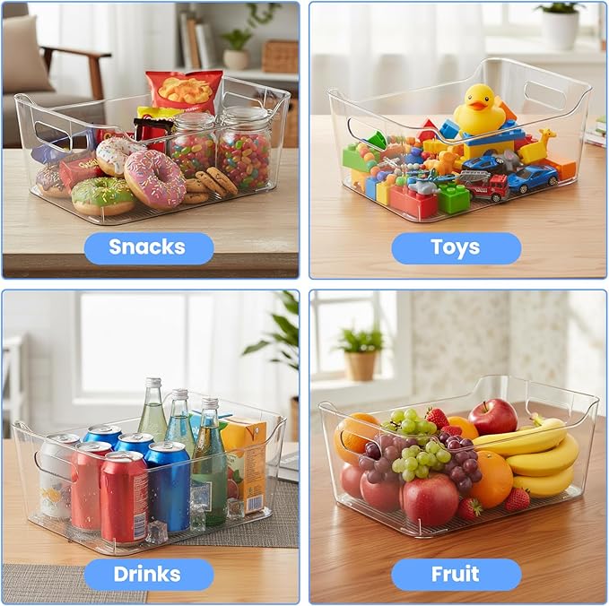 Clear Plastic Storage Bins Set of 6, Multi-Use Organizers and Storage Containers With Handles, Organizer Bins for Home & Kitchen, Cabinet and Pantry