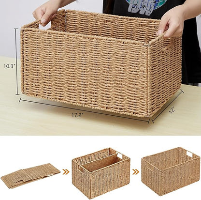 Vagusicc Wicker Storage Basket, Set of 2 Hand-Woven Paper Rope Wicker Basket, Small Storage Baskets for Organizing Toilet Paper Basket, Foldable Large Cube Storage Organizer Bins for Shelves (Natural)