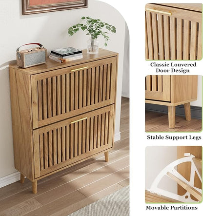 Shoe Storage Cabinet with Louvered 2 Flip Drawers, Narrow Shoe Cabinet Storage for Entryway, Freestanding Shoe Organizer Cabinet with Golden Handles, Slim Shoe Rack Cabinet 31.5in(Natural Wood)