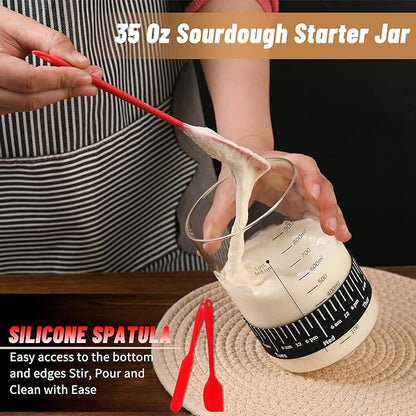 Xileanalee Pro Sourdough Starter Jar Kit- 35 Oz Large Sourdough Starter Glass Jar with Date Marked Feeding Band,Thermometer,Spatula,Cloth Cover& Lid for Sour Dough Bread Loaf