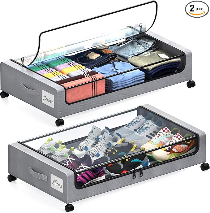 Under Bed Storage with Wheels, 2 Pack Under Bed Storage Containers with Clear Lids, XXL 65L Under Bed Storage Organizer, Rolling Under Bed Metal Drawer for Blanket, Clothes, Shoes (31 x 17 x 6.69 in)