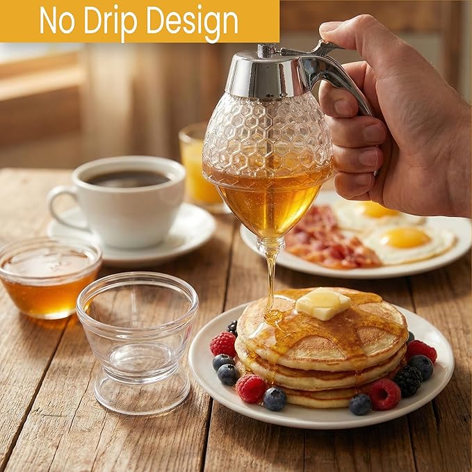 Honey Dispenser No Drip Honeycomb Design– 6 Oz with Airtight Seal, Food-Grade ABS Plastic Honey Pot with Stand, Lightweight Honey Container for Home & Gifting