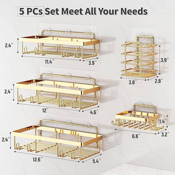 Liuoud 5 Pack Shower Caddy Organizer Rack Shelf for Inside Shower, Self Adhesive Wall Storage Basket Rustproof Stainless Steel Shampoo Holder Bathroom Accessory Decor Set, Gold