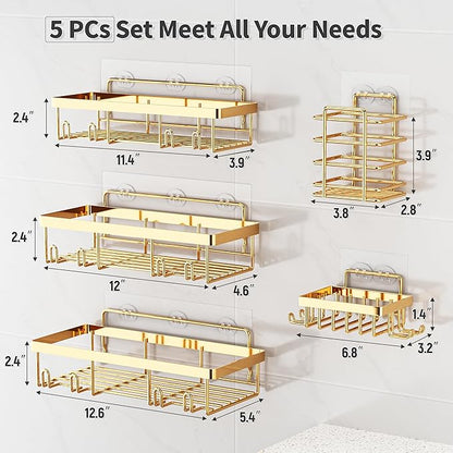 Liuoud 5 Pack Shower Caddy Organizer Rack Shelf for Inside Shower, Self Adhesive Wall Storage Basket Rustproof Stainless Steel Shampoo Holder Bathroom Accessory Decor Set, Gold