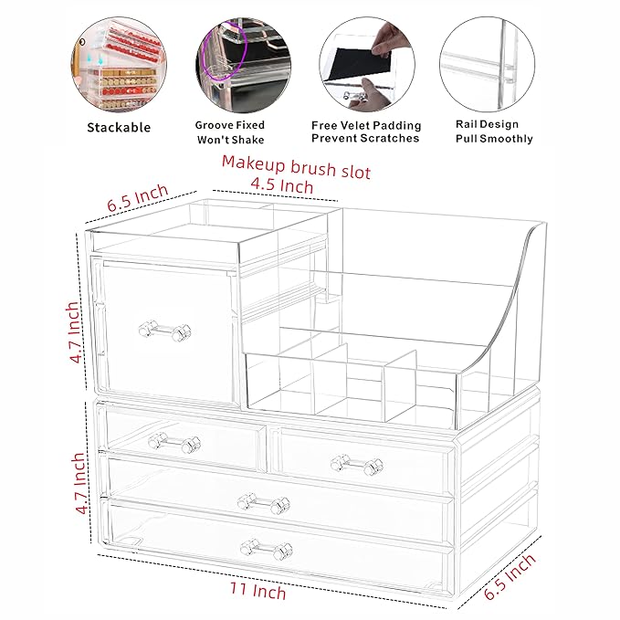 Cq acrylic 2 Pack Clear Make up Organizer Countertop,Stackable 5 Drawers Makeup Storage,Cute Vanity Organizers for dresser Hair Clip,Jewelry,Beauty Product Desk and Bathroom Organizers and Storage