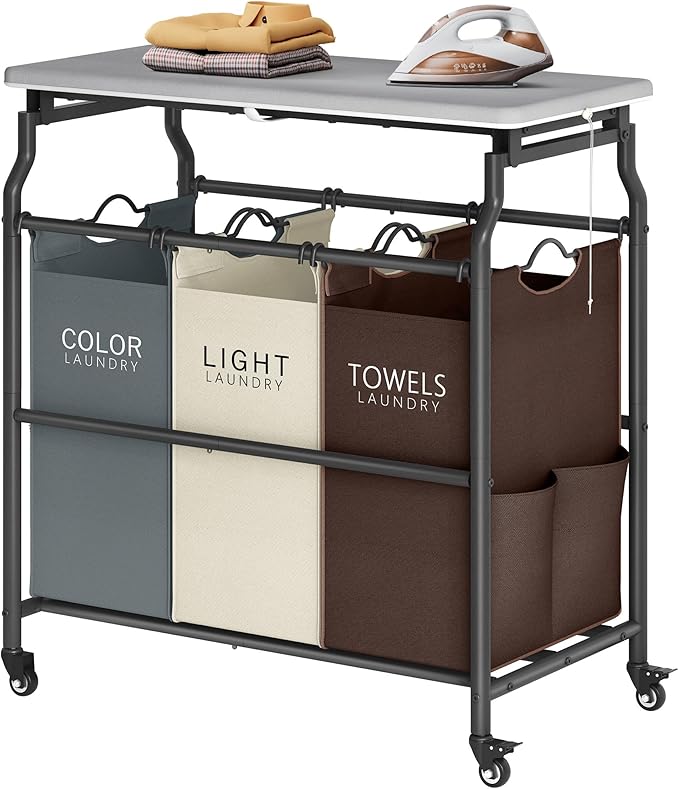 Hoctieon 3 Section Laundry Sorter Cart with Ironing Board, Laundry Hamper Basket with Shelf and Wheels, Heavy Duty Clothes Organizer, Large Clothes Separator with Removable Bags, Brown+Gray+Beige