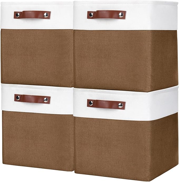 Bagnizer Collapsible Fabric Storage Cubes 11x11 Cube Storage Bins, 4 Pack Closet Baskets Box with Handles for Organizing, Shelf, Toys, Clothes, Home, Office, Nursery (Brown&White)