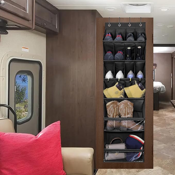 Over The Door Shoe Organizer with Large Deep Pockets - Multifunction Shoe Holder for Narrow Door Hanging - Black 16 Pockets