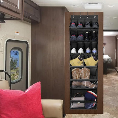 Over The Door Shoe Organizer with Large Deep Pockets - Multifunction Shoe Holder for Narrow Door Hanging - Black 16 Pockets
