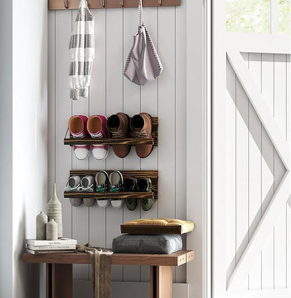 Nisorpa 20 Inches Wall Mounted Shoe Rack, Rustic Burnt Wood Wall Shoe Rack Mounted Slim, and Small Space Saving Shoe Storage Solution for Shoes in Narrow Spaces, Entryways, or Hallways, 2 Pack