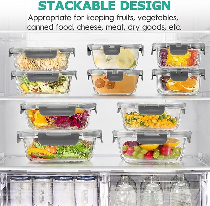 AMALEKO 34pc Glass Food Storage Containers with Lids Set, Airtight Glass Meal Prep Containers, Leak Proof Lunch Container BPA-Free, Microwave, Oven, Freezer, Dishwasher Safe-Gray