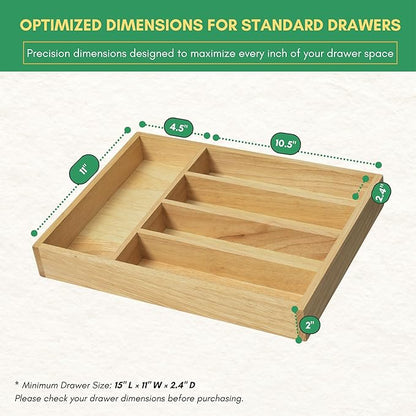 Rubber Wood Silverware Organizer for Drawer - [15"L x 11"W x 2"H] Utensil Tray, 5 Compartment Flatware Holder, Multi-Purpose Kitchen Drawer Organizer for Utensils, Stationery & Hand Tools