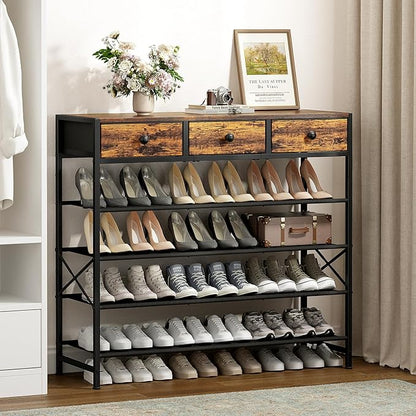 Shoe Rack, 5 Tier Shoe Organizer with 3 Drawers, Metal Shoe Storage for 24-30 Pairs of Shoes with Fabric Shelves and Wooden Top, Narrow Shoe Shelf for Closet Entryway Rustic Brown
