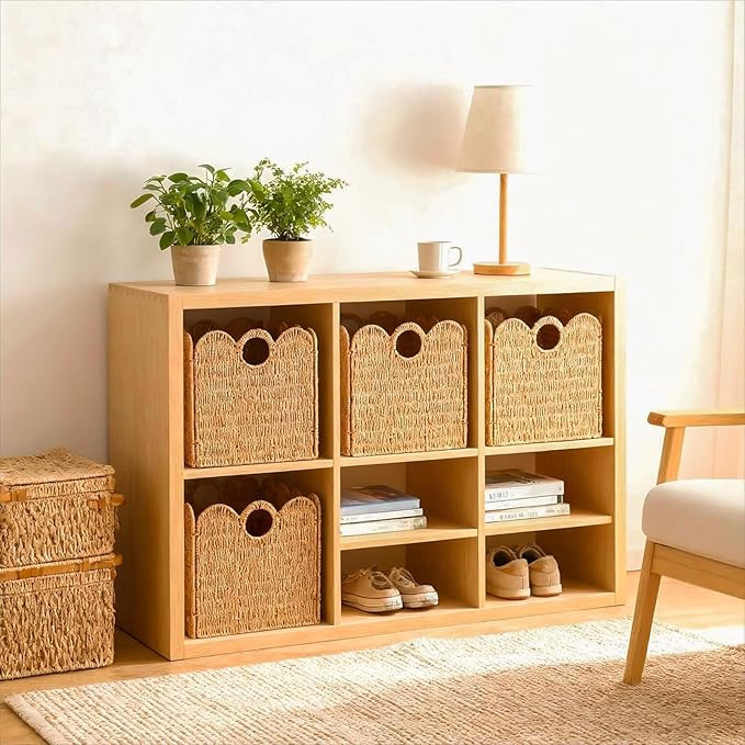 Scalloped Wicker Storage Cubes Basket, 12”x12“ Heavy Duty Paper rope/Hyacinth/Seagrass Baskets for Shelves, Foldable Natural Boho Square Bins (Paper Rope&12 x 12 x 12in&4-Pack)