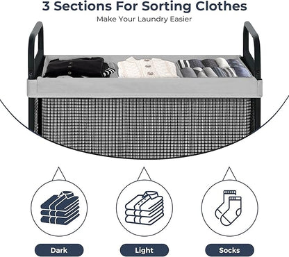STO STO Laundry Hamper 3 Section, 120L Rolling Laundry Sorter Cart with Removable and Washable Liner Bag, Clothes Hamper with Wheels and Metal Handle for Laundry Room and Bedroom, Gray