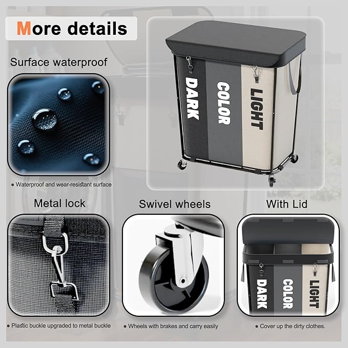 Laundry Sorter with Wheels 240L Rolling Laundry Cart,3 Compartment Designed Removable Laundry Bag for Daily Use in Bathrooms and Laundry Rooms (Black, 240L)