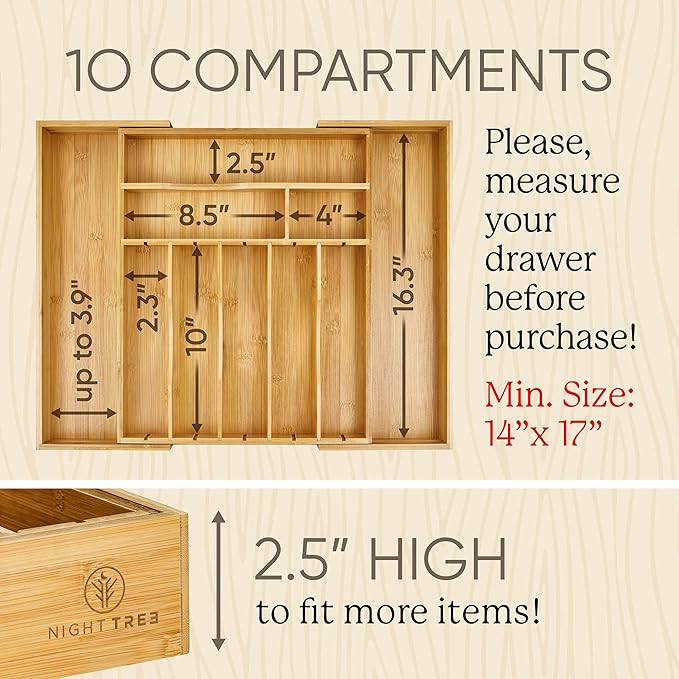 Night Tree 2.5” Extra Deep Silverware Drawer Organizer with Adjustable Dividers – Expandable Bamboo Flatware Tray for Kitchen, Reinforced Wood Cutlery Holder (14"-21.6" Wide)