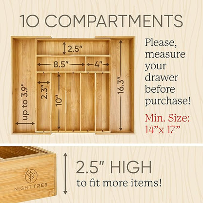 Night Tree 2.5” Extra Deep Silverware Drawer Organizer with Adjustable Dividers – Expandable Bamboo Flatware Tray for Kitchen, Reinforced Wood Cutlery Holder (14"-21.6" Wide)
