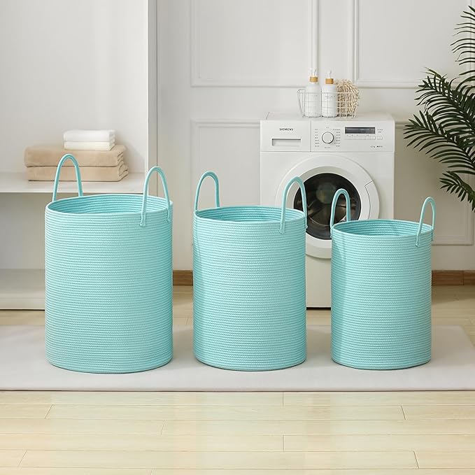 Laundry Basket Hamper Tall Rope Storage Woven for Blanket toys Dirty Clothes in Living Room Bathroom Bedroom (Cyan, 100L/26.4Gal)