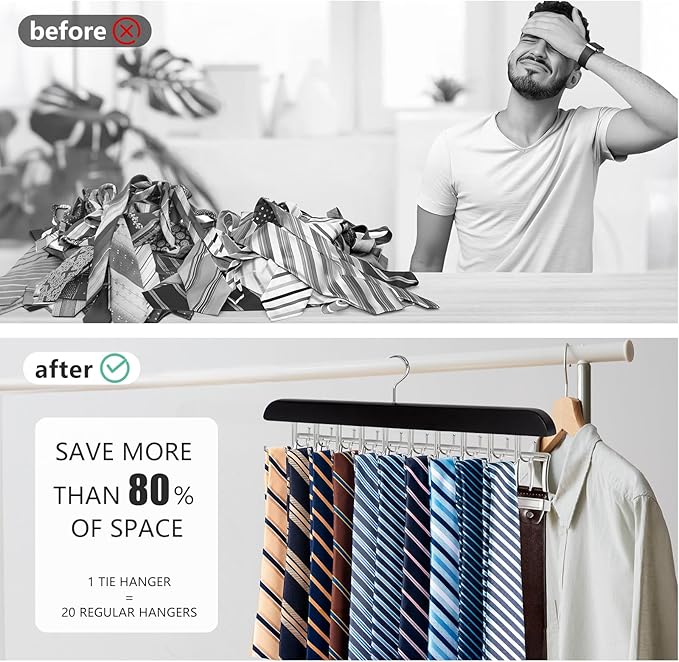 2 Pack 2-in-1 Belt and Tie Hanger for Closet, Upgraded Tie Rack with 20 Foldable Non-Slip Hooks, Max 30 Belts and 30 Ties, Space-Saving Wooden Tie and Belt Organizer for Camisoles, Bras, Scarves