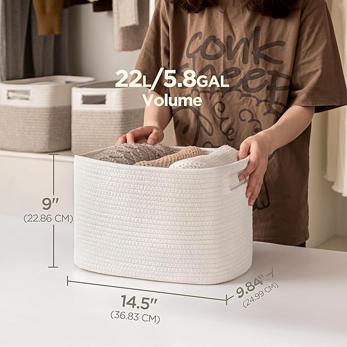 UBBCARE 2 Pack Storage Baskets for Organizing, Shelf Baskets with Handles, Woven Storage Baskets for Bookcase/Cube Shelf/Closet, 14.5"L x 9.8"W x 9"H, White
