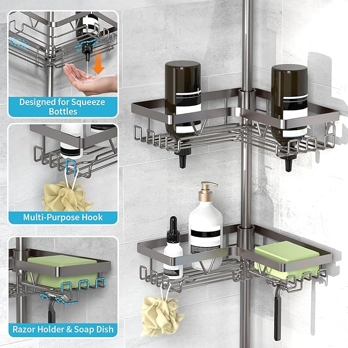 KEGII Corner Shower Caddy Tension Pole with Soap Dish & Razor Holder, Adjustable Bathroom Organizer with Hooks, 25-114.2 Inch Rustproof Storage Shelf for Renters & Apartments, Gunmetal Gray