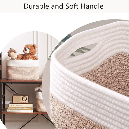 Storage Baskets for Shelves Set of 4 Woven Cotton Rope Rectangle Toy Bin for Baby Nursery 12.7"Lx9"Wx7.9"H Brown & White