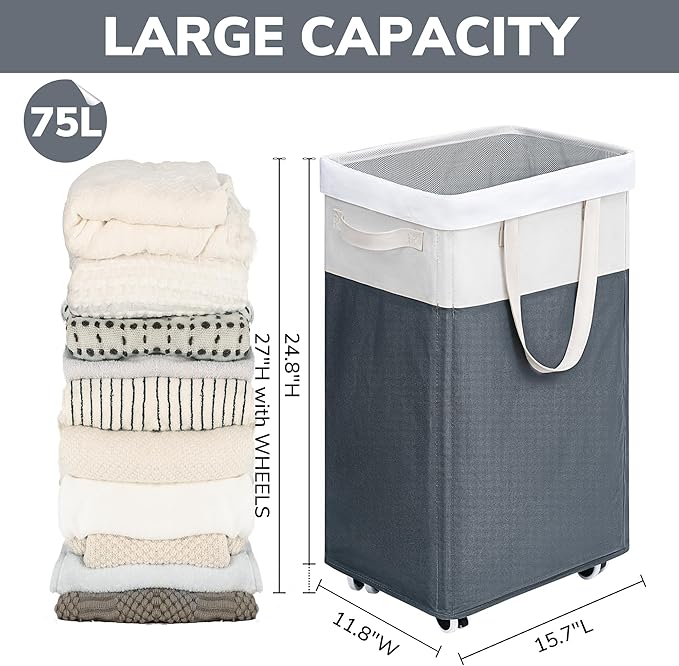 Goodpick Laundry Baskets 2-Pack, 75L Hamper with Wheels, Foldable Laundry Baskets with Removable Wash Bags, Rolling Laundry Hamper for Corner Dorm, Slim Laundry Basket, Grey&White