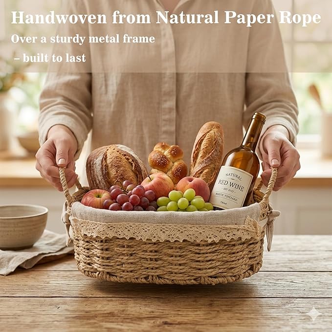 2 Pcs Wicker Basket, Small Woven Storage Baskets with Handles & Liner, Oval Boho Paper Rope Cute Baskets for Gift, Decor, Pantry, Shelf, Table Organizer
