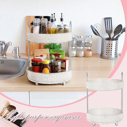 Honeydak 360 Rotating Perfume Organizer for Mother Day Nurse Day Rhinestone Bathroom Counter Organizer Makeup Holder Skincare and Perfume Storage for Cosmetic Countertop(2 Tiers,Pearl,White)