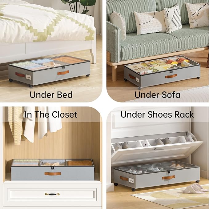 Yecaye Under Bed Storage with Wheels, 2 Pack Under Bed Storage Containers with Adjustable Dividers & Clear Window, Rolling Underbed Organizer Bins Drawers for Clothes, Shoes, Blankets, Grey