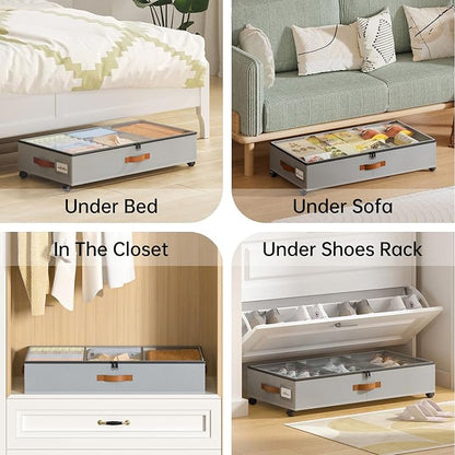 Yecaye Under Bed Storage with Wheels, 2 Pack Under Bed Storage Containers with Adjustable Dividers & Clear Window, Rolling Underbed Organizer Bins Drawers for Clothes, Shoes, Blankets, Grey