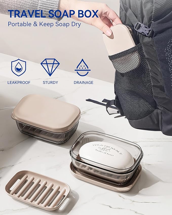PEISAINOX Travel Soap Case, Leakproof Soap Container with Lid, Portable Bar Soap Holder for Traveling, Soap Dishe for Bathroom, Shower, Gym, School, Camping, Vacation, Outdoor (Clear&Gray)