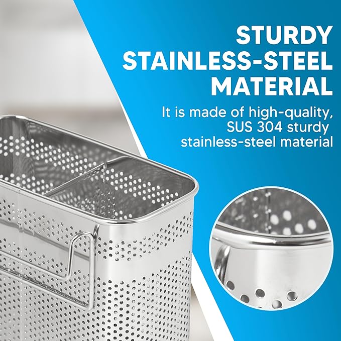 HOME&I Silverware Drying Basket for Dish Rack, SUS 304 Stainless Steel Hanging Utensil Holder with Wide Stable Hooks, 2-Compartment Cutlery Caddy for Kitchen Sink & Counterto
