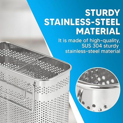 HOME&I Silverware Drying Basket for Dish Rack, SUS 304 Stainless Steel Hanging Utensil Holder with Wide Stable Hooks, 2-Compartment Cutlery Caddy for Kitchen Sink & Counterto