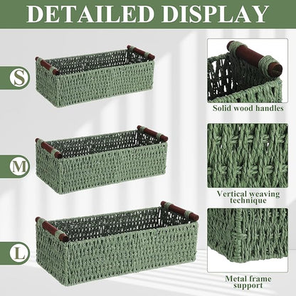 Boao 3 Pcs Boho Storage Wicker Baskets Handmade Woven Decorative Paper Rope Baskets for Organizing with Handle Countertop Toilet Paper Storage Container for Toilet Tank Top