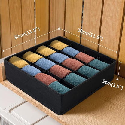 Joyoldelf Sock Drawer Organizer Divider, 16-cell Underwear Organizers and Storage Fabric Drawer Organizer for Socks, Lingerie, Handkerchiefs, Ties Black, 2 Packs