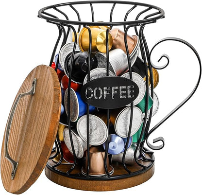 WRINGKIT Rustic Coffee Pod Holder with Lid, K Cup Pods Holder for Counter, Large Capacity Black Wire Coffee Pod Filter Storage Basket for Espresso Capsule, Wooden Base