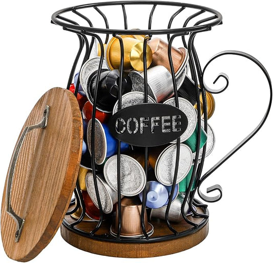 WRINGKIT Rustic Coffee Pod Holder with Lid, K Cup Pods Holder for Counter, Large Capacity Black Wire Coffee Pod Filter Storage Basket for Espresso Capsule, Wooden Base